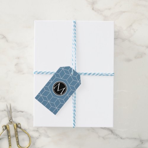Modern Blue Geometric and Monogrammed Pattern Gift Tags