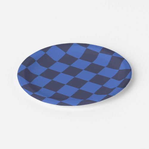 Modern Blue Geometric Checkers Paper Plate
