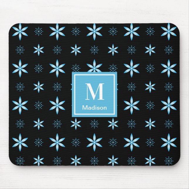 Modern Blue Geometric Floral Monogram Mouse Pad (Front)