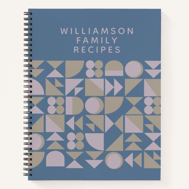 Modern Blue Geometric Personalized Family Recipes Notebook (Front)