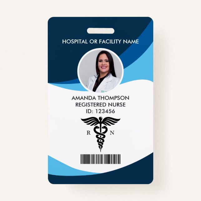 Modern Blue Geometric Registered Nurse Photo ID Badge (Front)