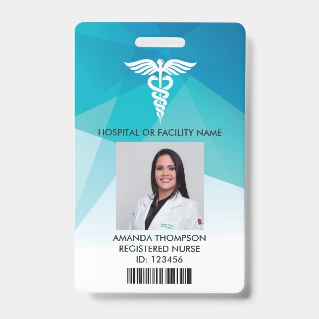 Modern Blue Geometric Registered Nurse Photo ID Badge (Front)
