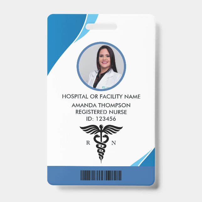 Modern Blue Geometric Registered Nurse Photo ID Badge (Front)