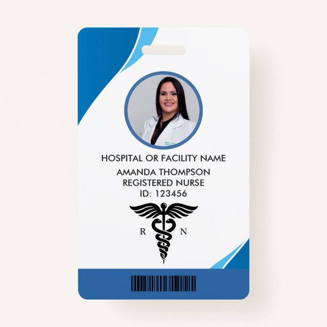 Modern Blue Geometric Registered Nurse Photo ID Badge (Front)