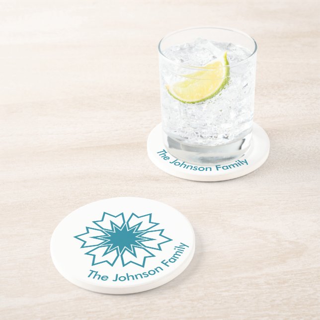 Modern Blue Geometric Star Mandala Custom Monogram Coaster (Side)