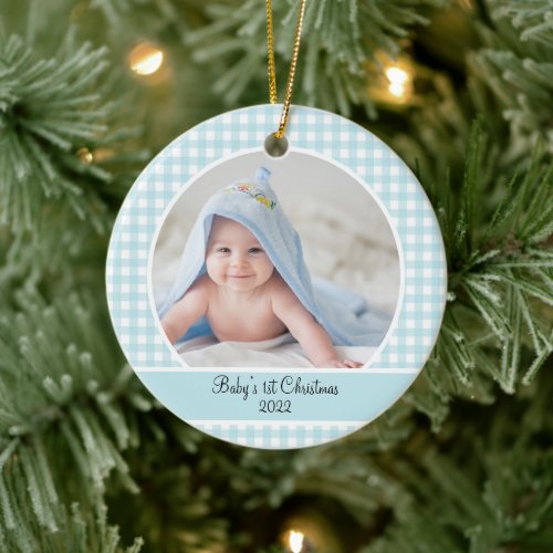 Modern Blue Gingham Baby Photo Ceramic Ornament