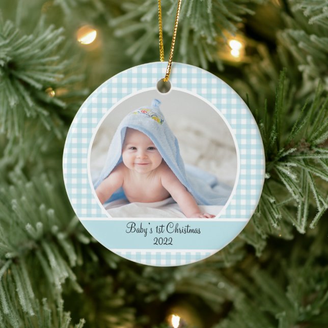 Modern Blue Gingham Baby Photo Ceramic Ornament (Tree)