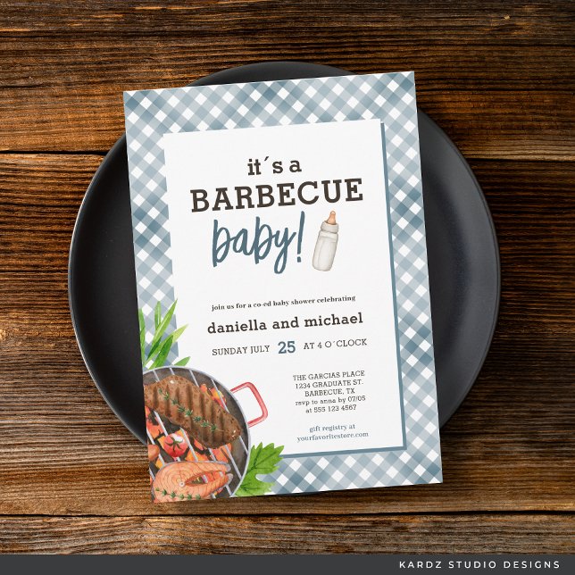 Modern Blue Gingham Barbecue Baby Shower Invitation (Invite shown in 5 x 7 inches with square corner, choose size, paper and corner style before checkout)