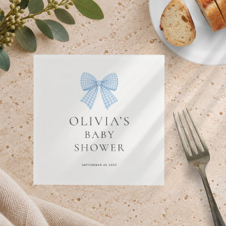 Modern Blue Gingham Bow Baby Shower Napkins