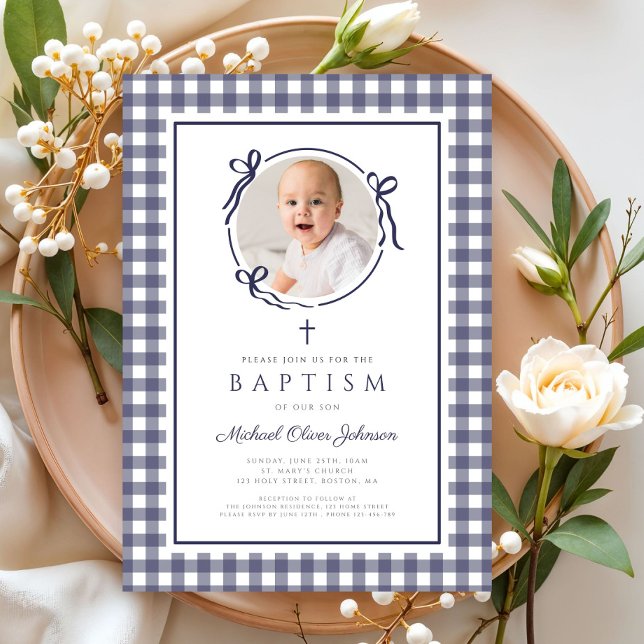 Modern Blue Gingham Photo Boy Baptism Invitation (Modern Blue Gingham Photo Boy Baptism Invitation)