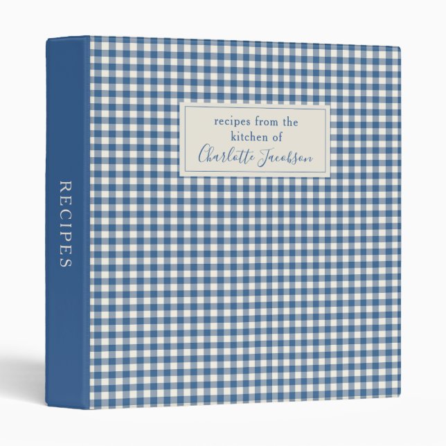 Modern Blue Gingham Plaid Monogram Family Recipe 3 Ring Binder (Front/Spine)