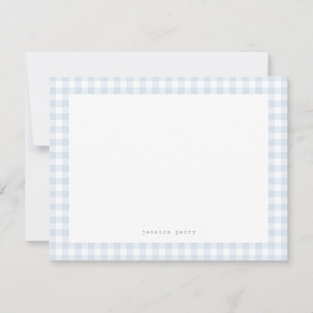 Modern Blue Gingham Typewriter Name Note Card (Front)