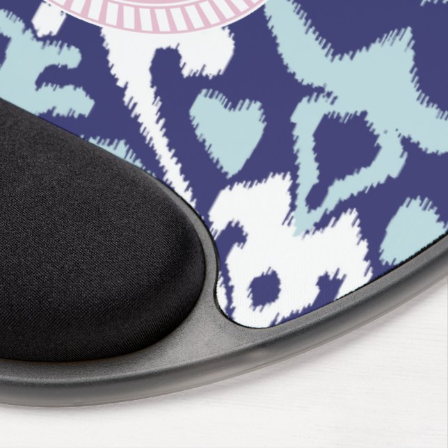 Modern blue girly ikat tribal pattern monogram gel mouse pad (Right Side)
