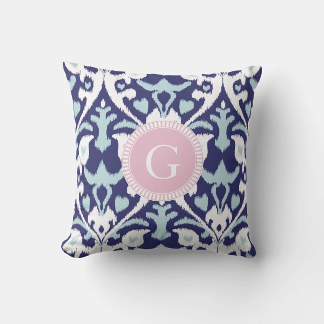 Modern blue girly ikat tribal pattern monogram throw pillow (Front)