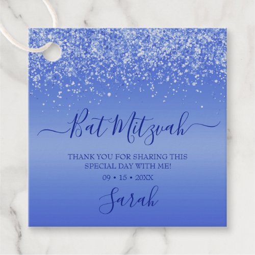 Modern Blue Glitter Bat Mitzvah Favor Tags