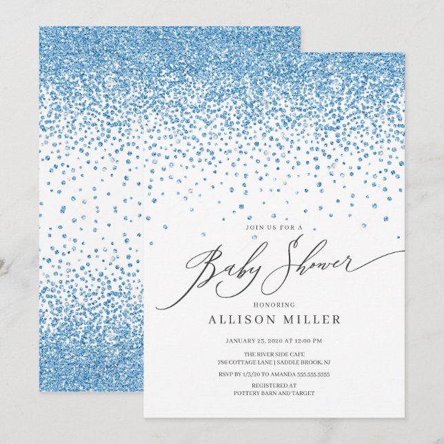 Modern Blue Glitter Boys Baby Shower Invitation (Front/Back)