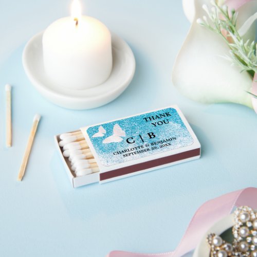 Modern Blue Glitter   Butterfly Wedding Favors Matchboxes