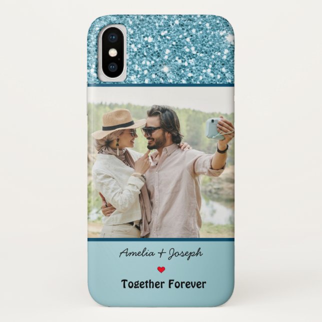 Modern Blue Glitter Custom Love Couple  Photo Case-Mate iPhone Case (Back)