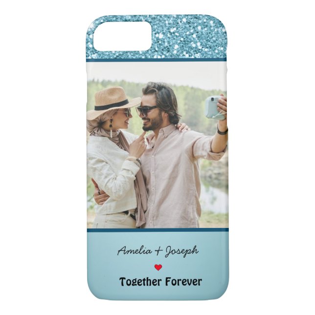 Modern Blue Glitter Custom Love Couple  Photo Case-Mate iPhone Case (Back)