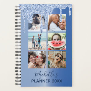 Modern Blue Glitter Drips Photo Collage Daily Planner