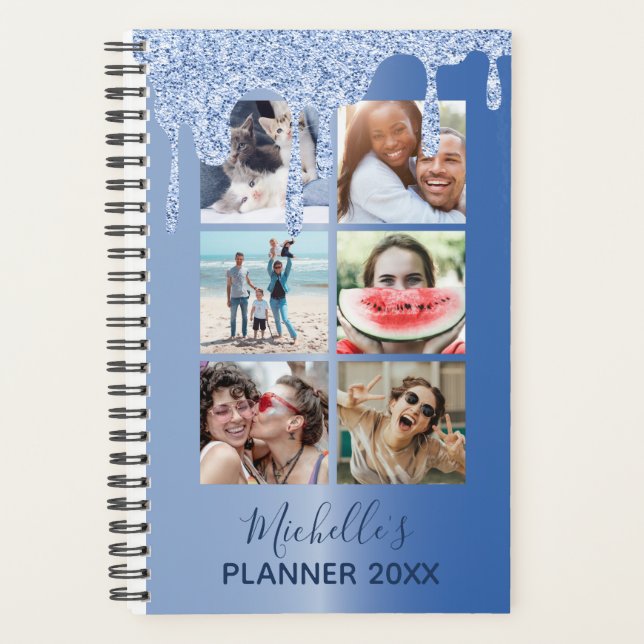 Modern Blue Glitter Drips Photo Collage Daily   Planner (Front)