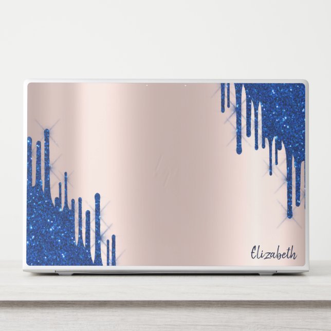 Modern Blue Glitter Drips Rose Gold HP Laptop Skin (Front)