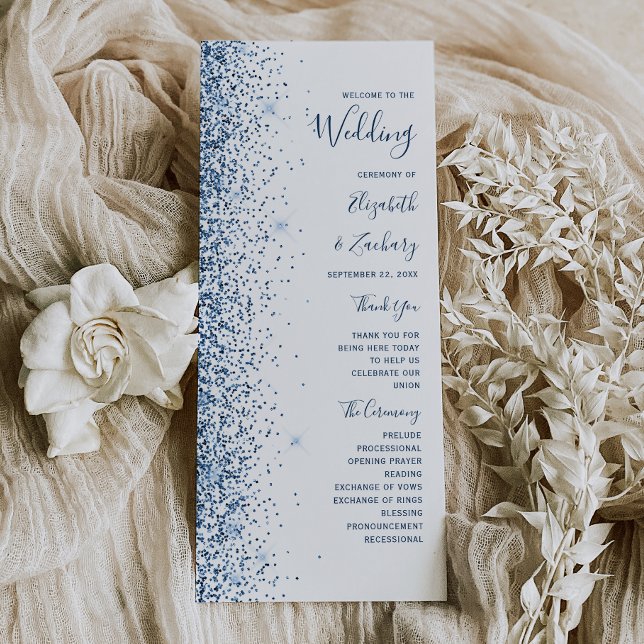 Modern Blue Glitter Edge White Wedding Program (Creator Uploaded)