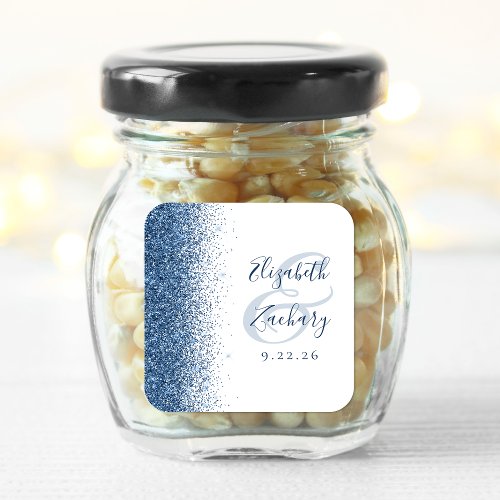 Modern Blue Glitter Edge White Wedding Square Sticker