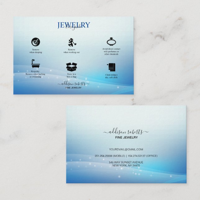 Modern Blue Glitter  Jewelry Care  Business Card (Front/Back)
