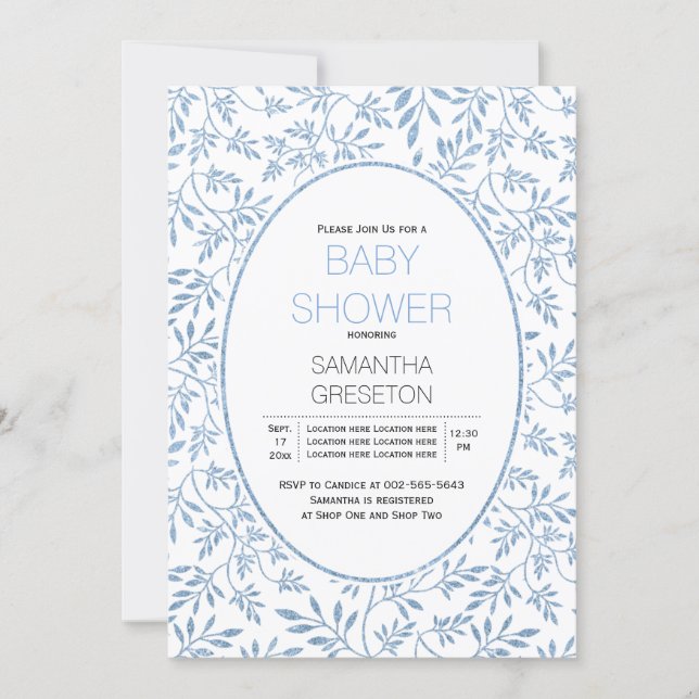 Modern blue glitter leaves trendy baby shower invitation (Front)