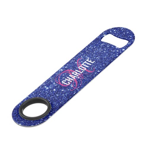 Modern blue glitter monogram name bar key