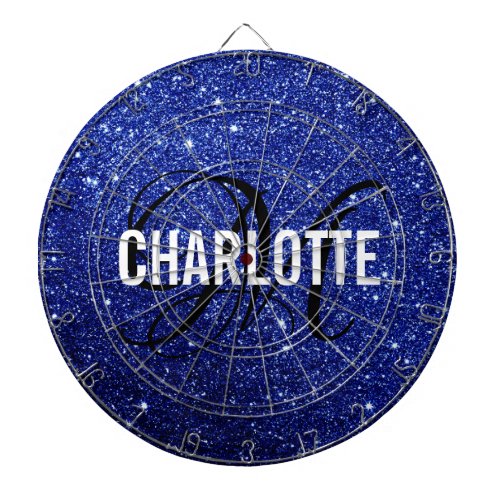 Modern blue glitter monogram name dart board