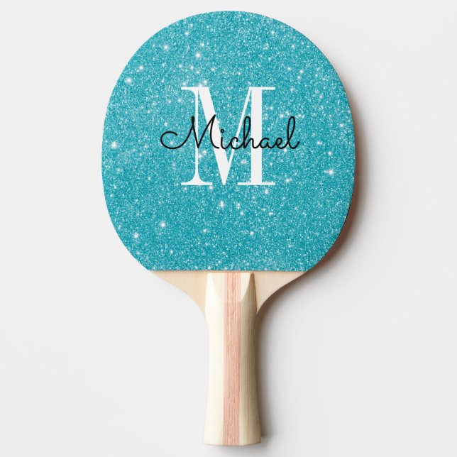 Modern Blue Glitter Monogram Personalized Name Ping Pong Paddle (Front)