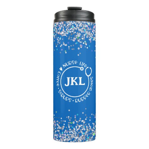 Modern Blue Glitter Monogram Stethoscope Nurse  Thermal Tumbler