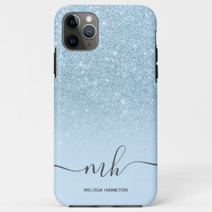 Modern blue glitter ombre chic pastel monogrammed iPhone 11 pro max case