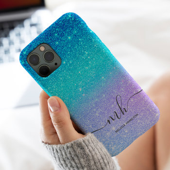 Modern Blue Glitter Ombre Purple Chic Monogrammed Iphone 13 Pro Max Case by girly_trend at Zazzle