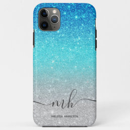 Modern blue glitter ombre silver chic monogrammed iPhone 11 pro max case