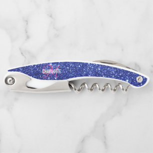 Modern blue glitter pink monogram name waiter's c corkscrew