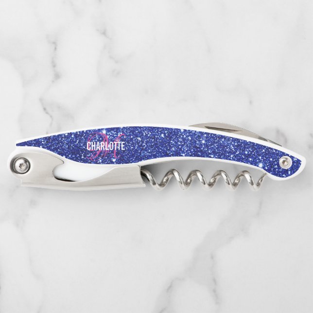 Modern blue glitter pink monogram name waiter's c corkscrew (Front)
