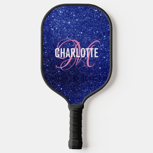 Modern blue glitter script monogram name  pickleball paddle (Back)