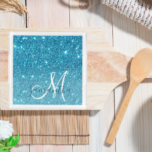Modern Blue Glitter Sparkles Personalized Name Acrylic Tray