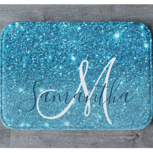 Modern Blue Glitter Sparkles Personalized Name Bath Mat