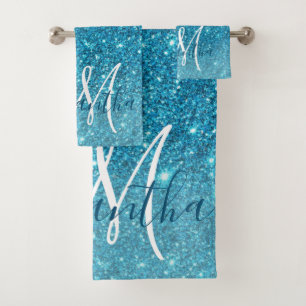 Modern Blue Glitter Sparkles Personalized Name Bath Towel Set