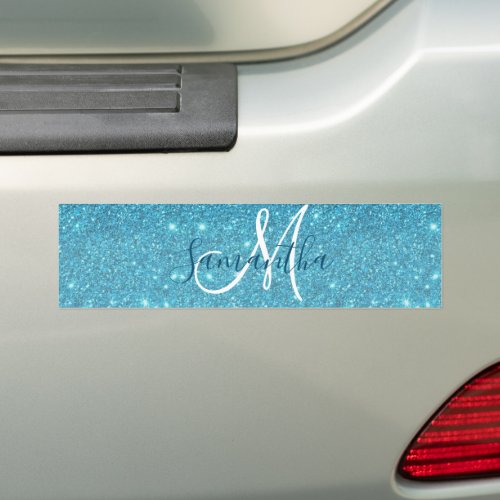 Modern Blue Glitter Sparkles Personalized Name Bumper Sticker