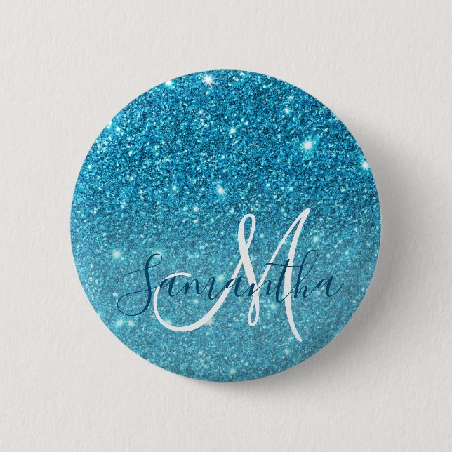 Modern Blue Glitter Sparkles Personalized Name Button (Front)