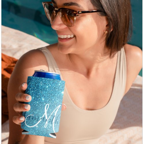Modern Blue Glitter Sparkles Personalized Name Can Cooler