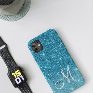 Modern Blue Glitter Sparkles Personalized Name iPhone 11 Case