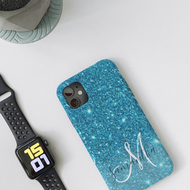 Modern Blue Glitter Sparkles Personalized Name Case-Mate iPhone Case (Creator Uploaded)