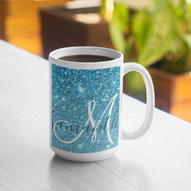 Modern Blue Glitter Sparkles Personalized Name Coffee Mug (Creator Uploaded)