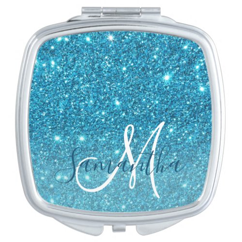 Modern Blue Glitter Sparkles Personalized Name Compact Mirror